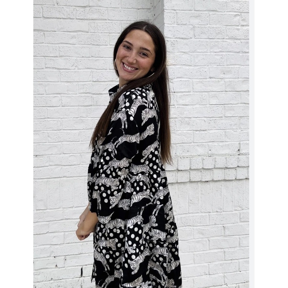 Umgee Midi Shirt  Dress Women's Size Small Black Tigers Polka Dots Print NWT